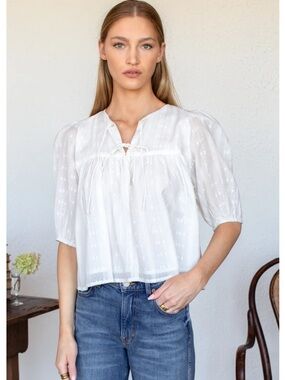 Emerson Fry M/L White Tie-Front Peasant B puff Isla top